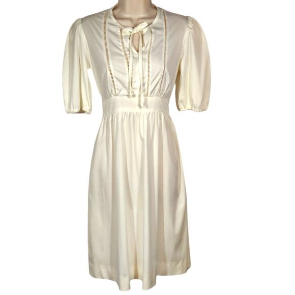 Vintage 60s 70s Dress Prairie Cottagecore Cream White Midi‎ BOHO Flowy Lace 11 M - Picture 1 of 12